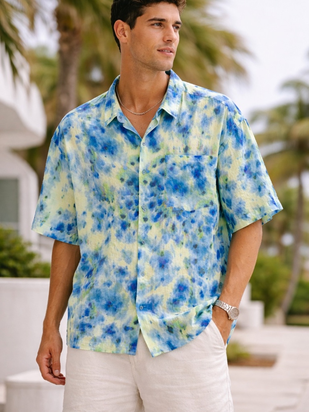 Zara Tie Dye Button Up Shirt Blue Green Short Sleeve Men’s XL